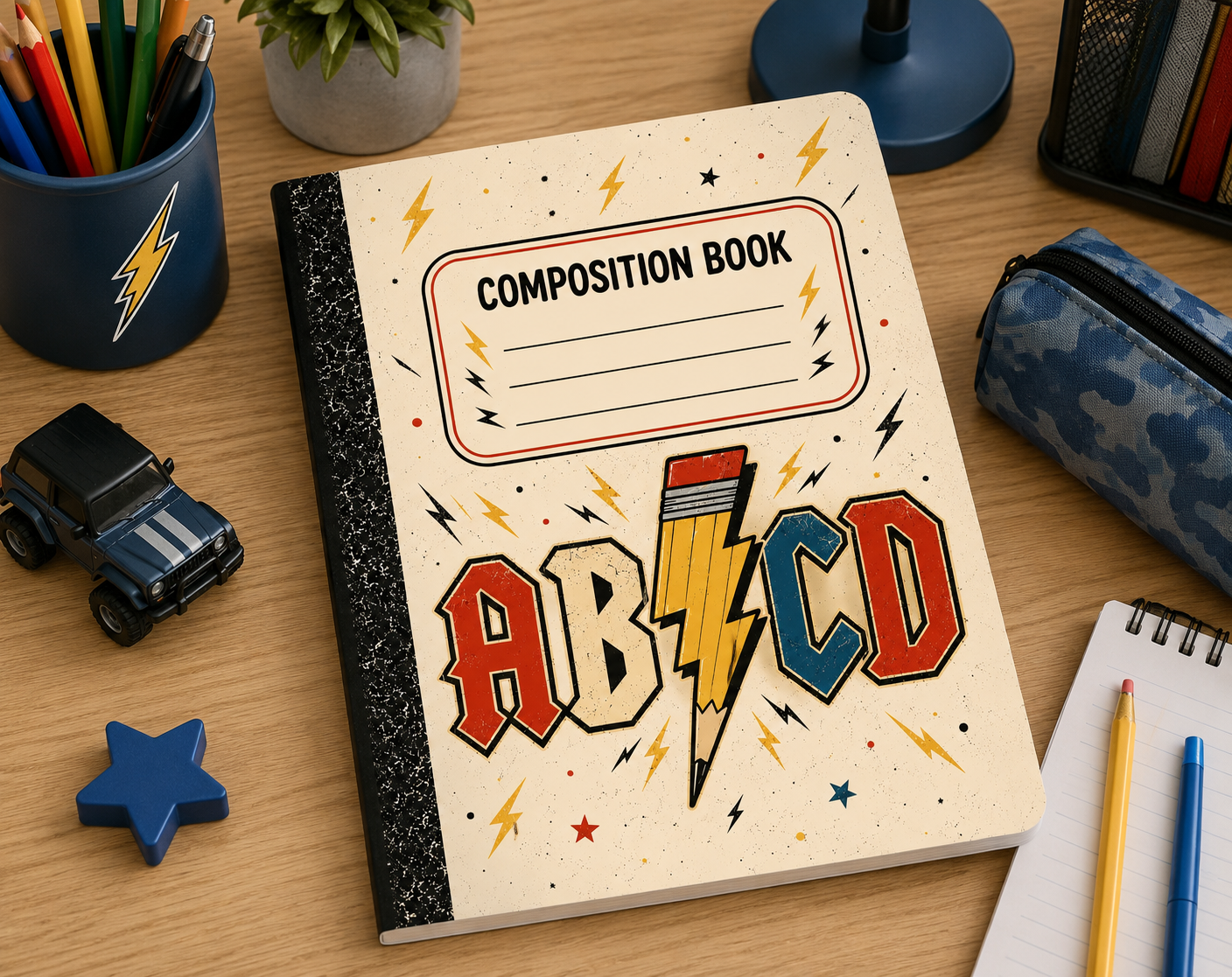 Rock-themed composition notebook with ABCD lettering and lightning bolt