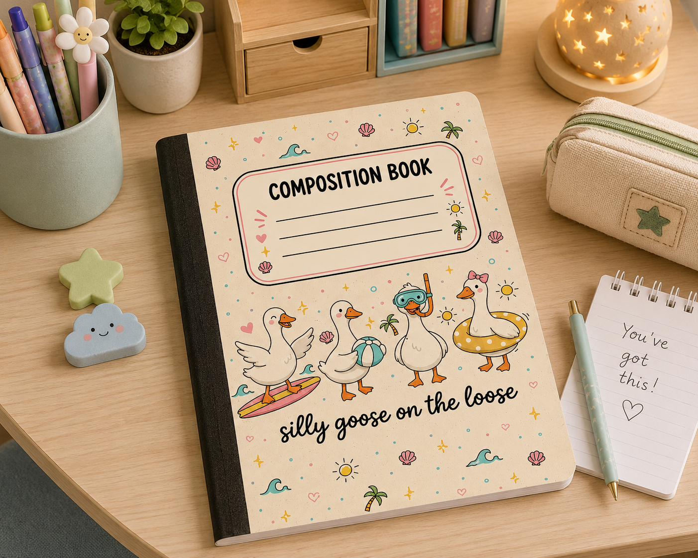 Cute composition notebook with silly colorful geese