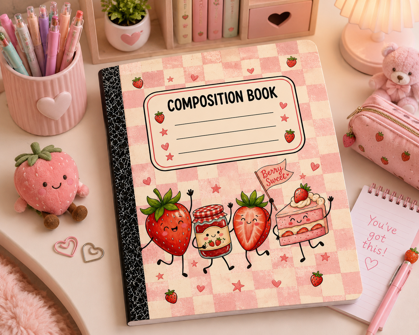 Pink notebook with cute strawberry and dessert character cover