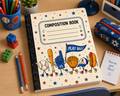 Baseball-themed composition notebook with playful sports characters