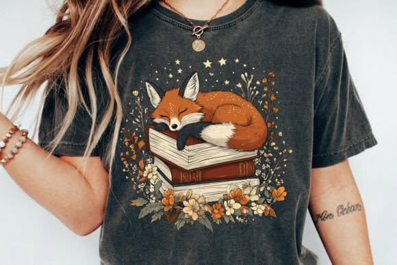 Sleeping Fox Book Stack Graphic Tee design
