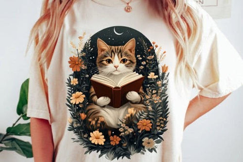 Bookish Cat Floral Graphic Tee design
