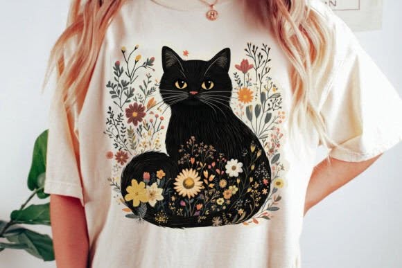 Floral Black Cat Graphic Tee design