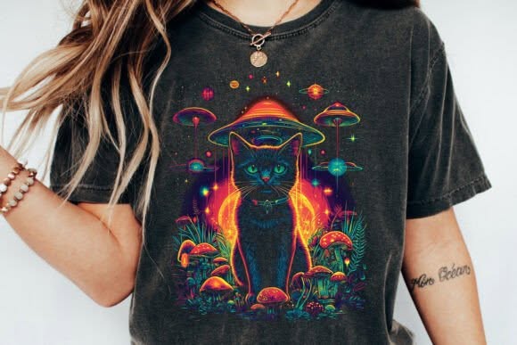 Neon Mushroom Cat Graphic Tee design