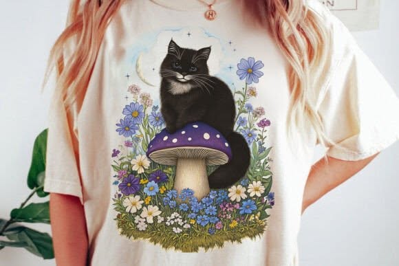 Black Cat Mushroom Garden Graphic Tee design
