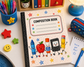 Colorful composition notebook with cute school supply characters