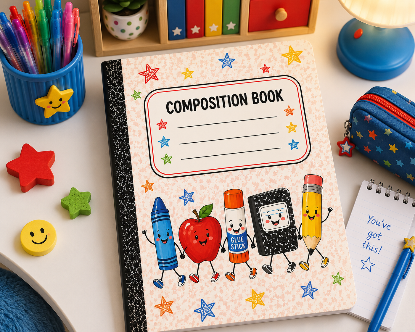 Colorful composition notebook with cute school supply characters