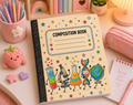 Science-themed composition notebook with microscope beakers DNA and globe