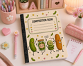 Funny pickle-themed composition notebook with cartoon characters