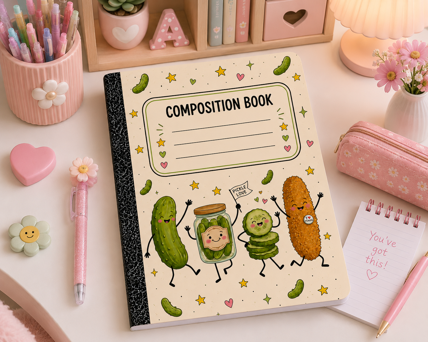 Funny pickle-themed composition notebook with cartoon characters