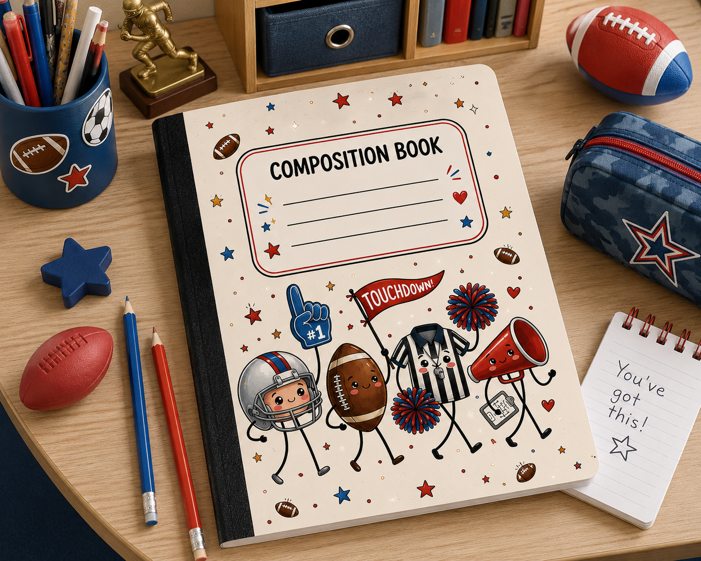 Sports-themed notebook with football baseball and cheer characters