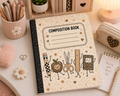 Neutral craft-themed composition notebook with sewing and art tools