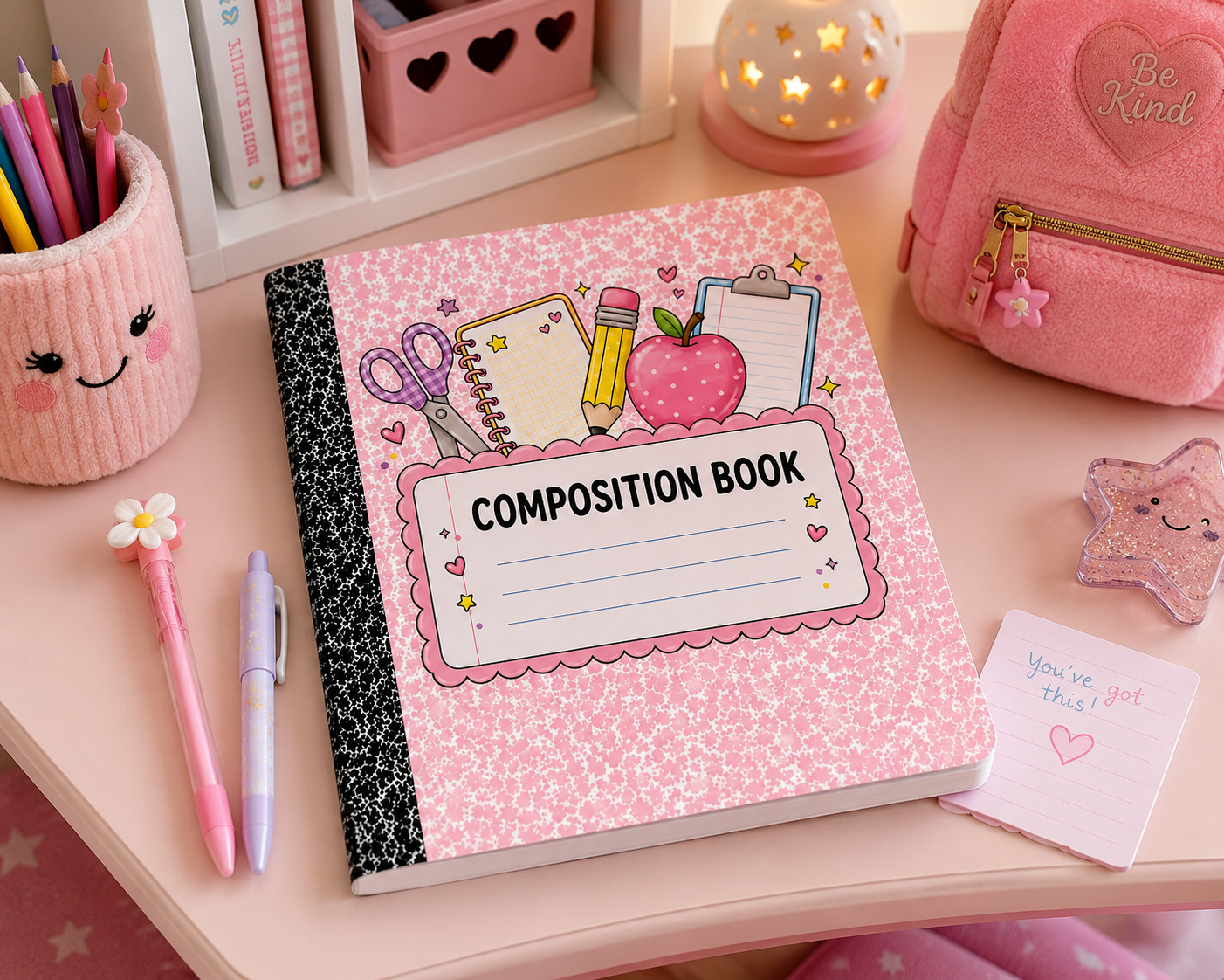 Pink composition notebook with colorful school supply design