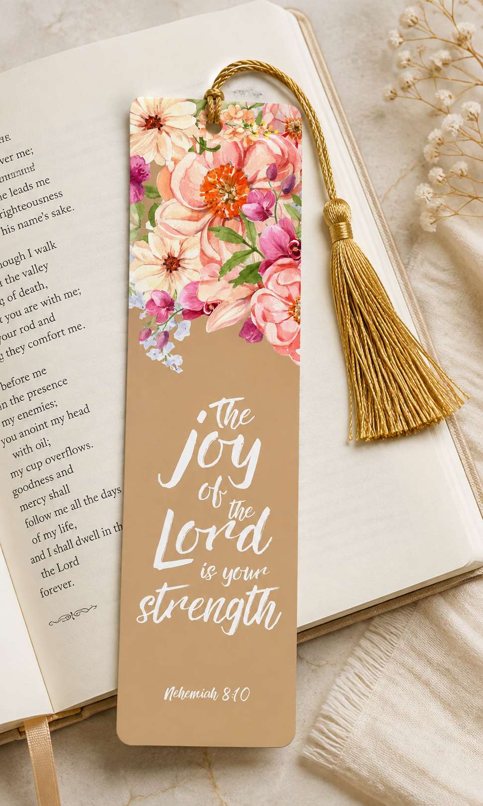 🌸 The Joy of the Lord Floral Scripture Bookmark