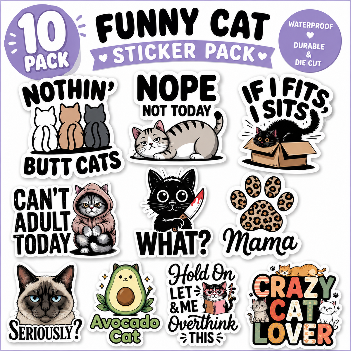 Funny Cat Sticker Pack – 10 Pack