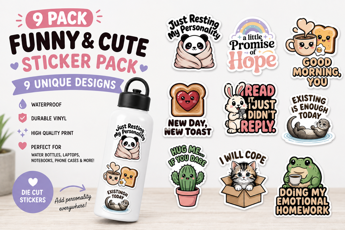 🌸 Funny & Cute Sticker Pack – 9 Pack