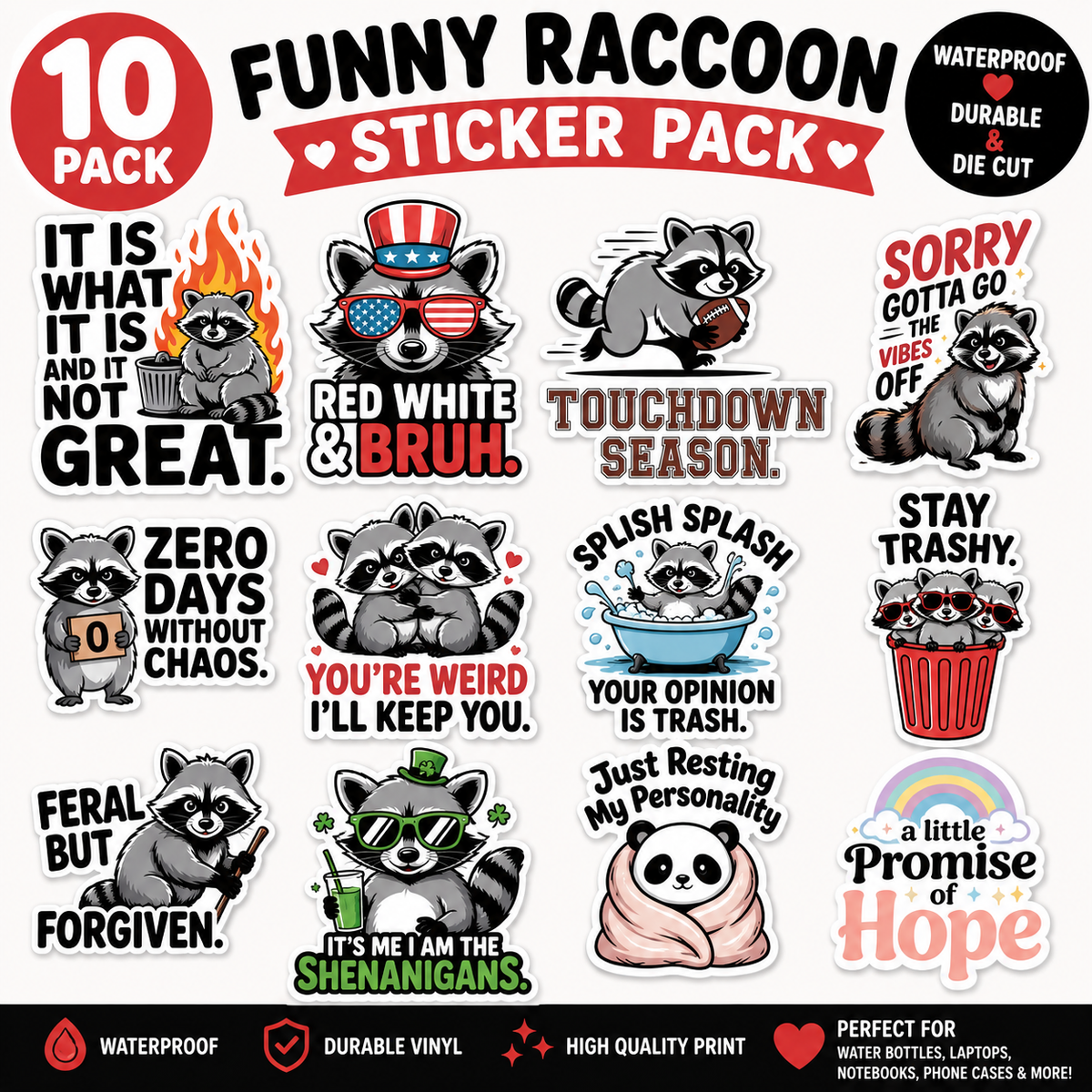 🦝 Funny Raccoon Sticker Pack – 10 Pack