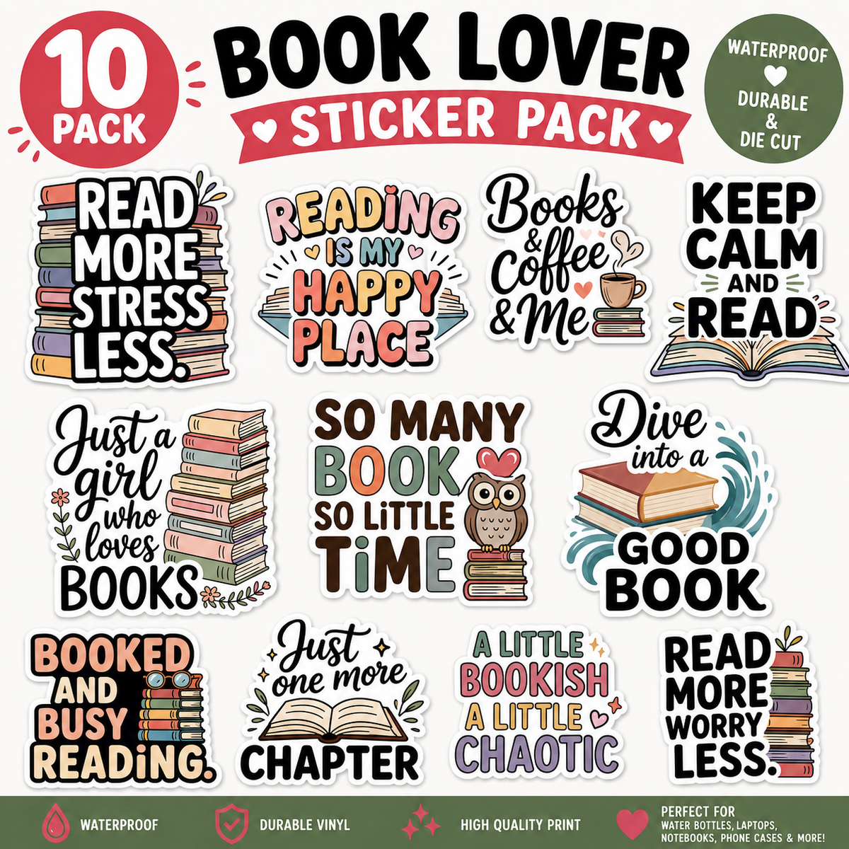 📚 Book Lover Sticker Pack – 10 Pack