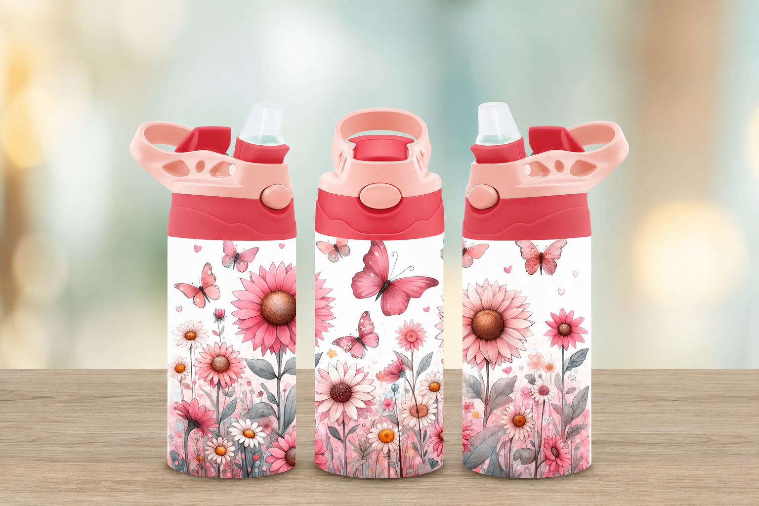 Pink Floral Puffy 12 OZ Water Bottle - Lid Color May Very