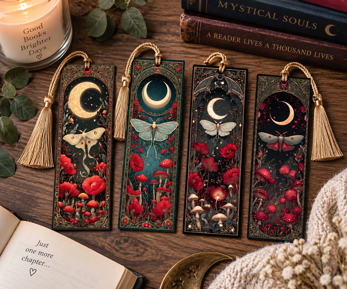 Love for Luna — Moonlit Moth & Mushroom Bookmark Set