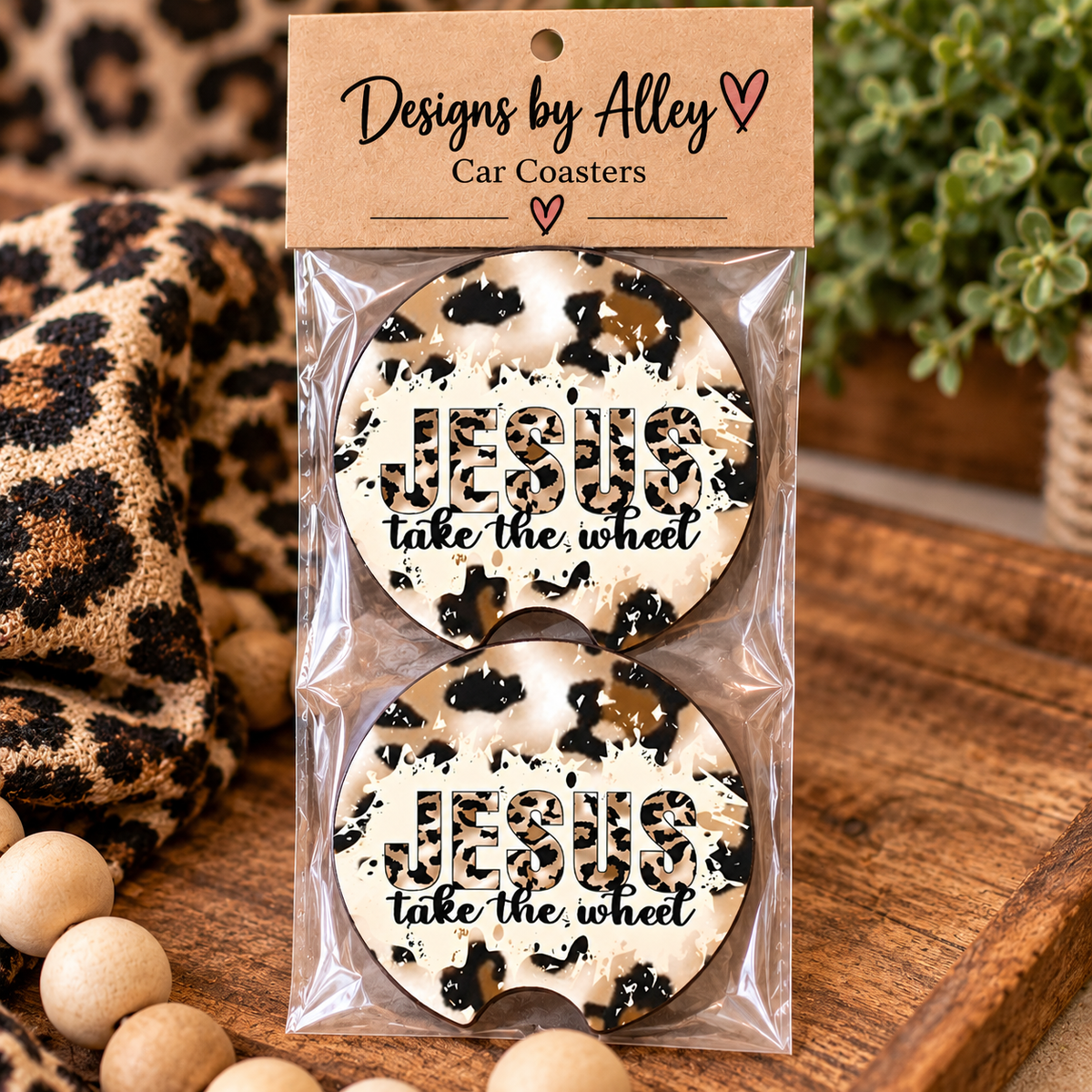 🤎 Jesus Take the Wheel Car Coasters | Leopard Print