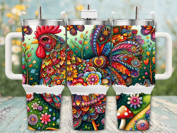 🌺 Colorful Folk Art Rooster 40 oz Tumbler