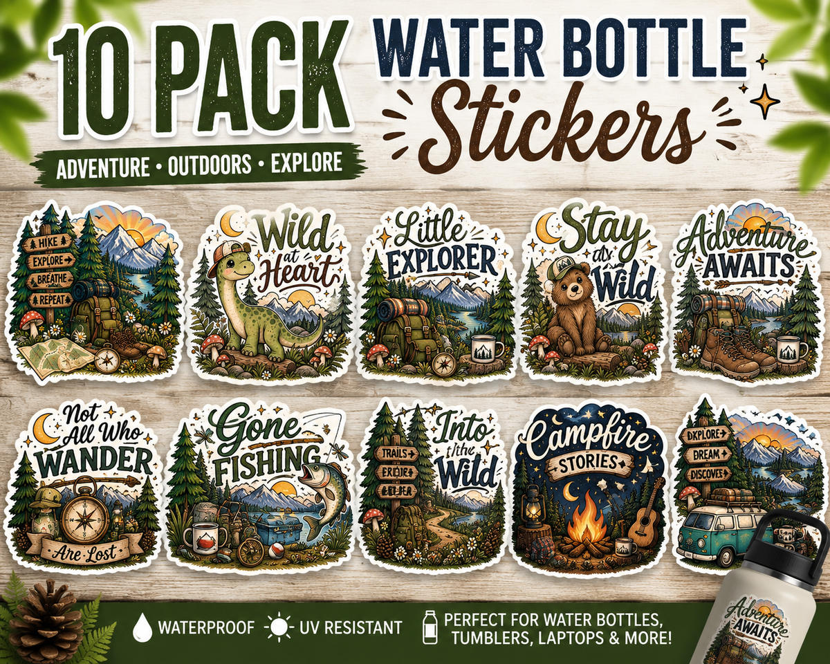 Adventure & Outdoors Sticker Pack – 10 Piece Water Bottle Sticker Set