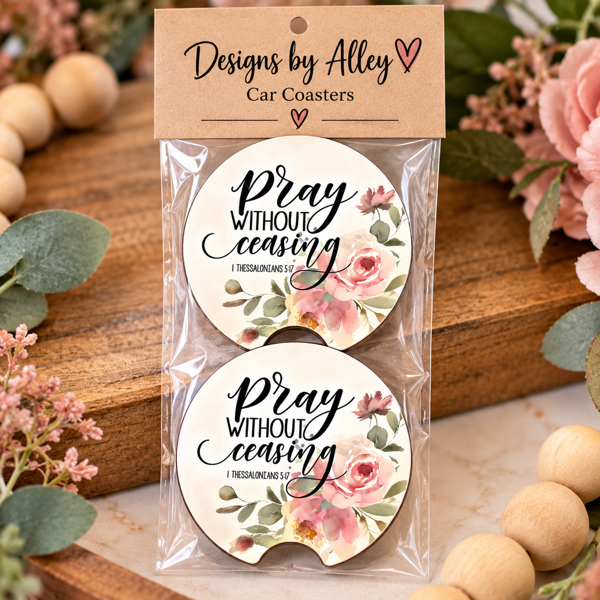 ✝️ Pray Without Ceasing Car Coasters | Floral Bible Verse