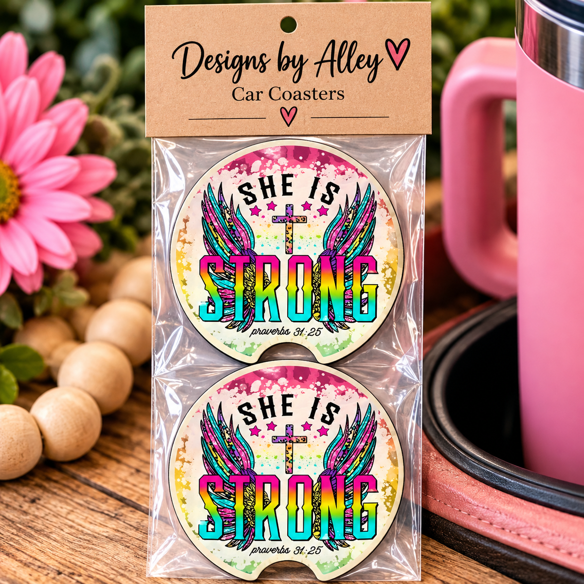 🌈 She Is Strong Car Coasters | Proverbs 31:25