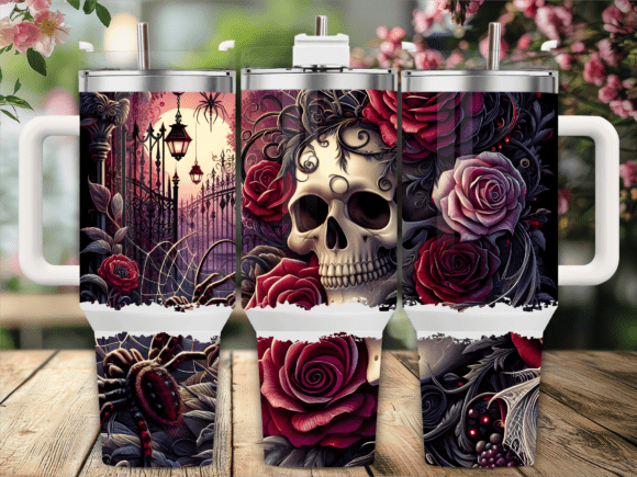 🕷️ Gothic Spider & Roses Skull 40 oz Tumbler
