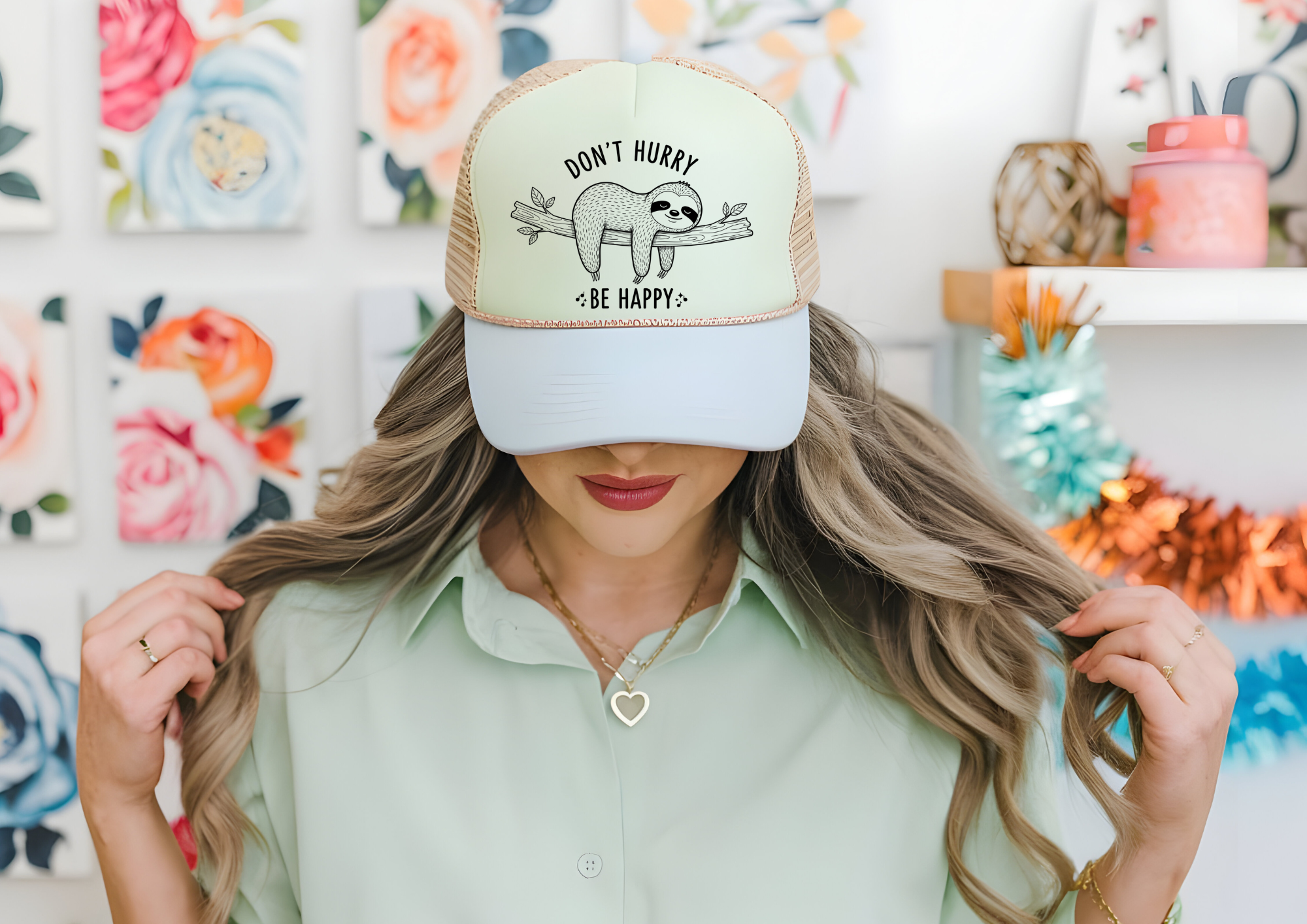 Don't Hurry Be Happy Sloth Trucker Hat