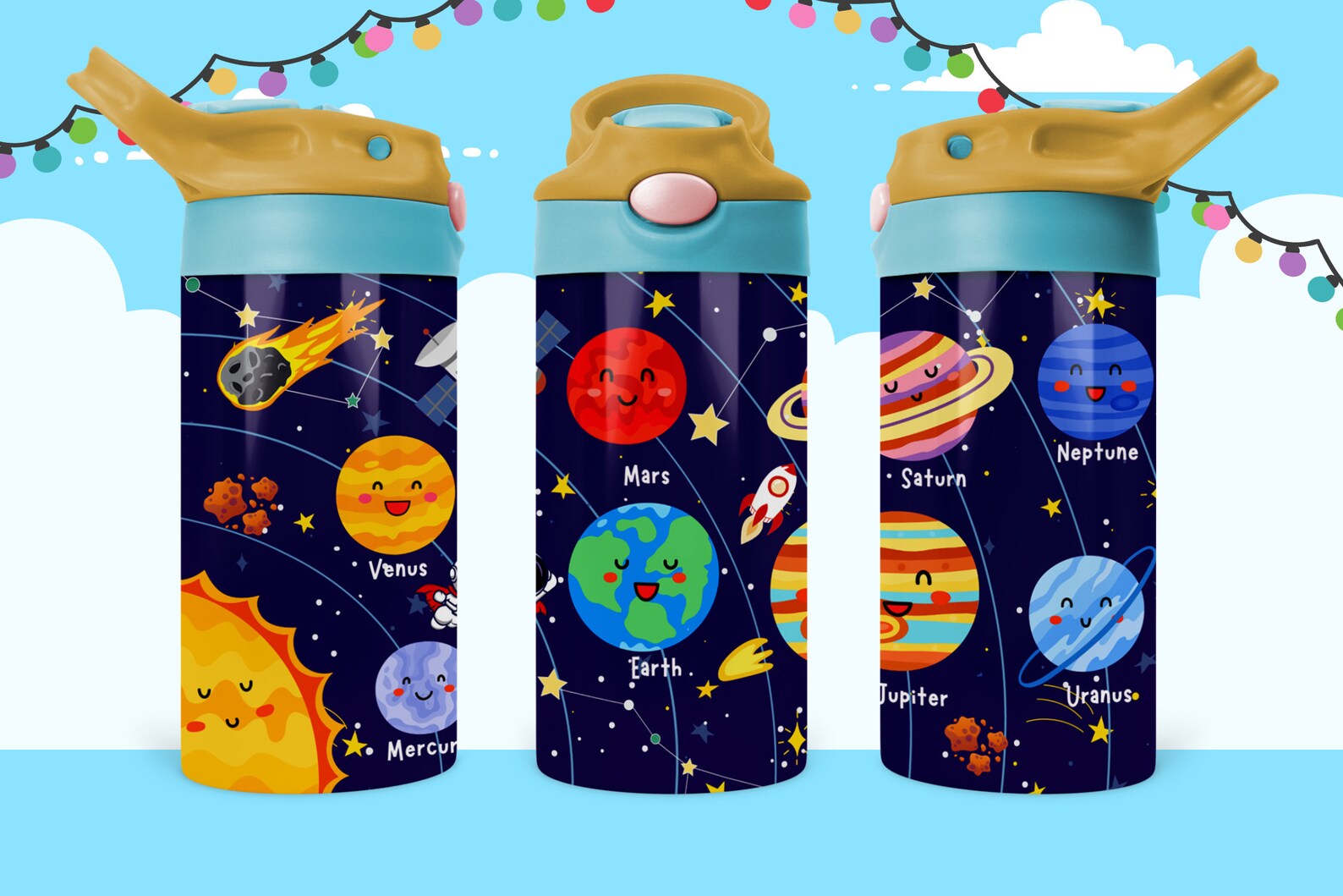 Planets 12 OZ Water Bottle - Lid Color May Very