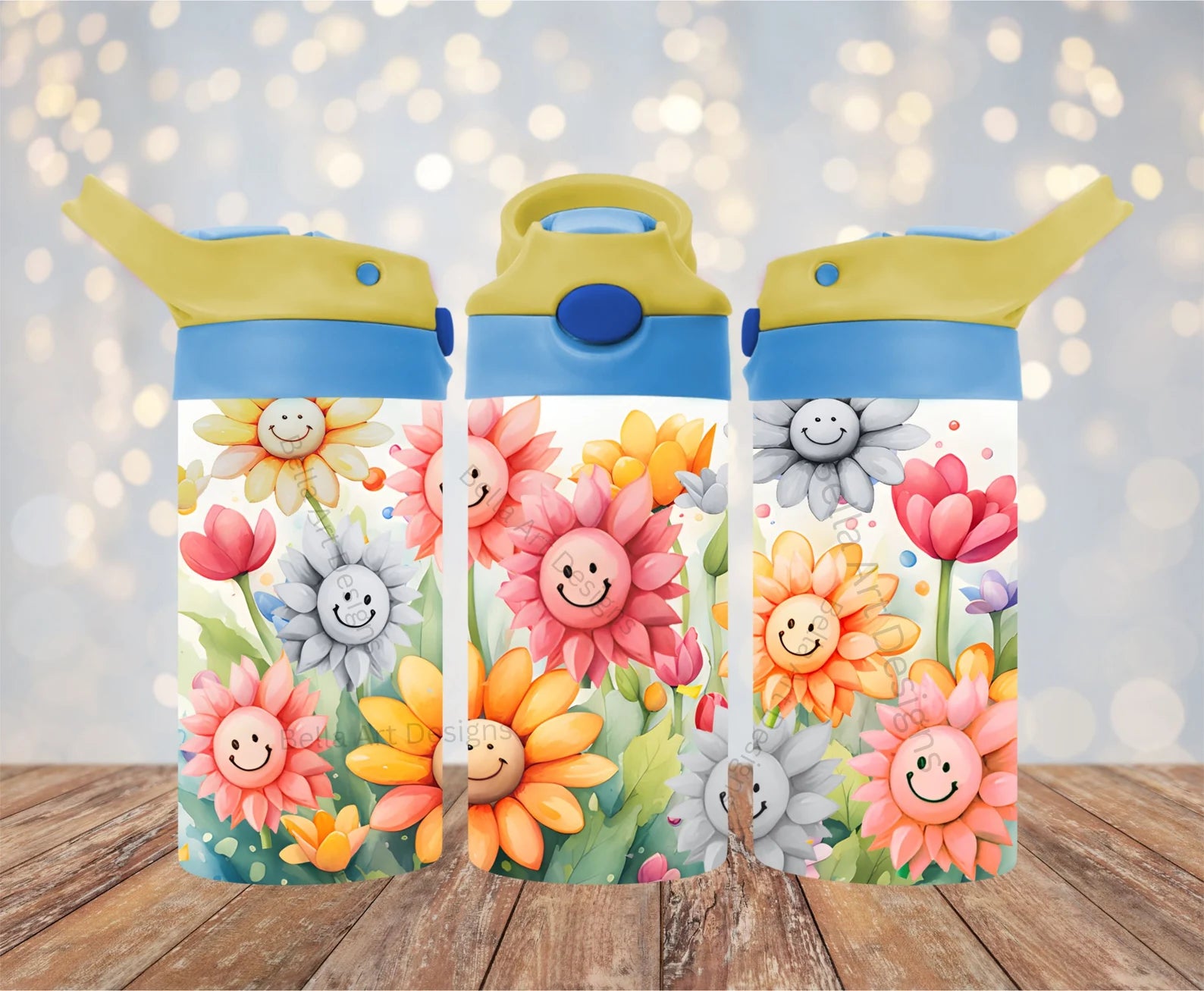 Water Color Smiley Face Flowers 12 OZ Water Bottle - Lid Color May Very