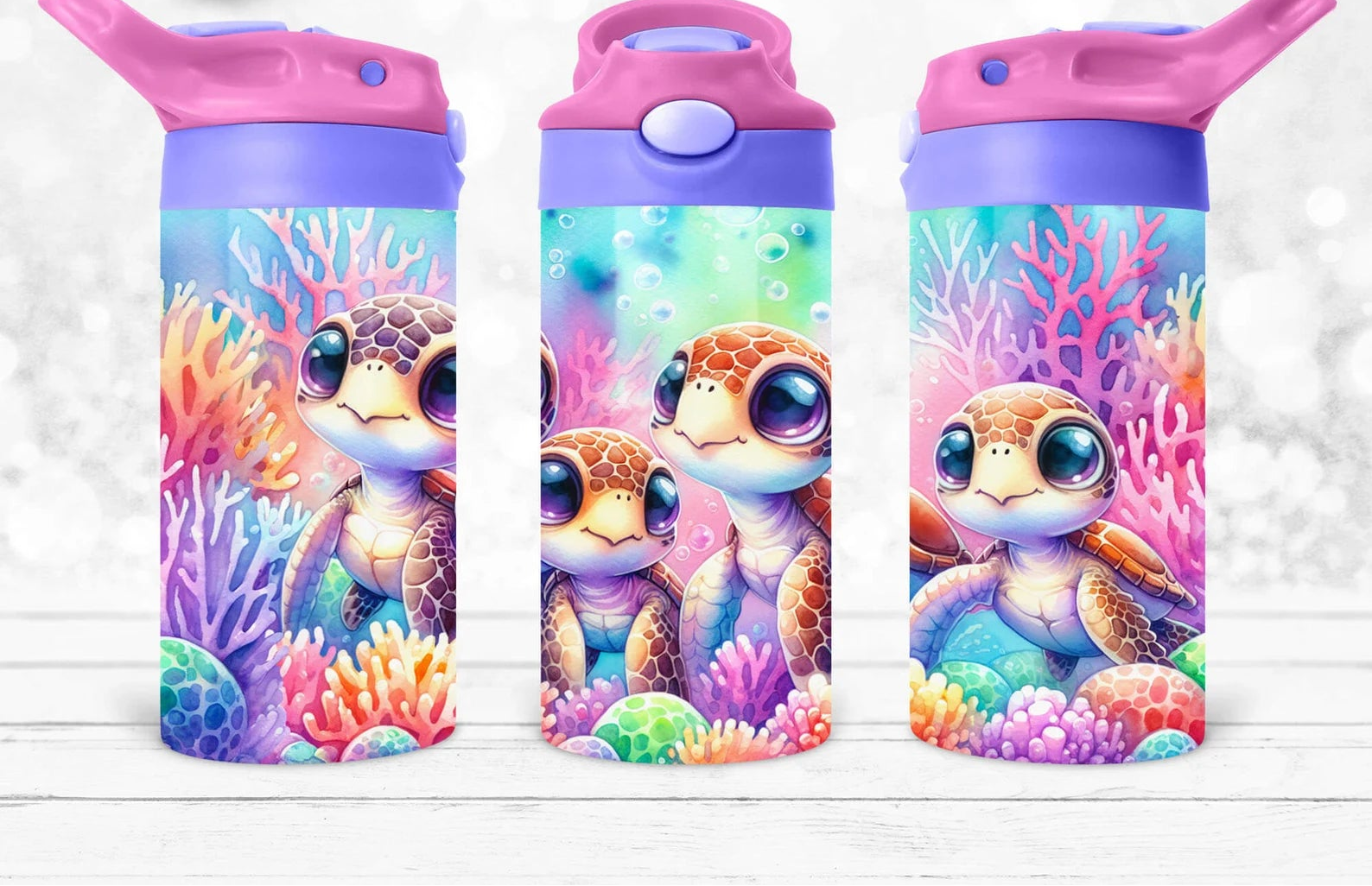 Pastel Sea Turtle 12 oz Water Bottle - Lid Color May Very