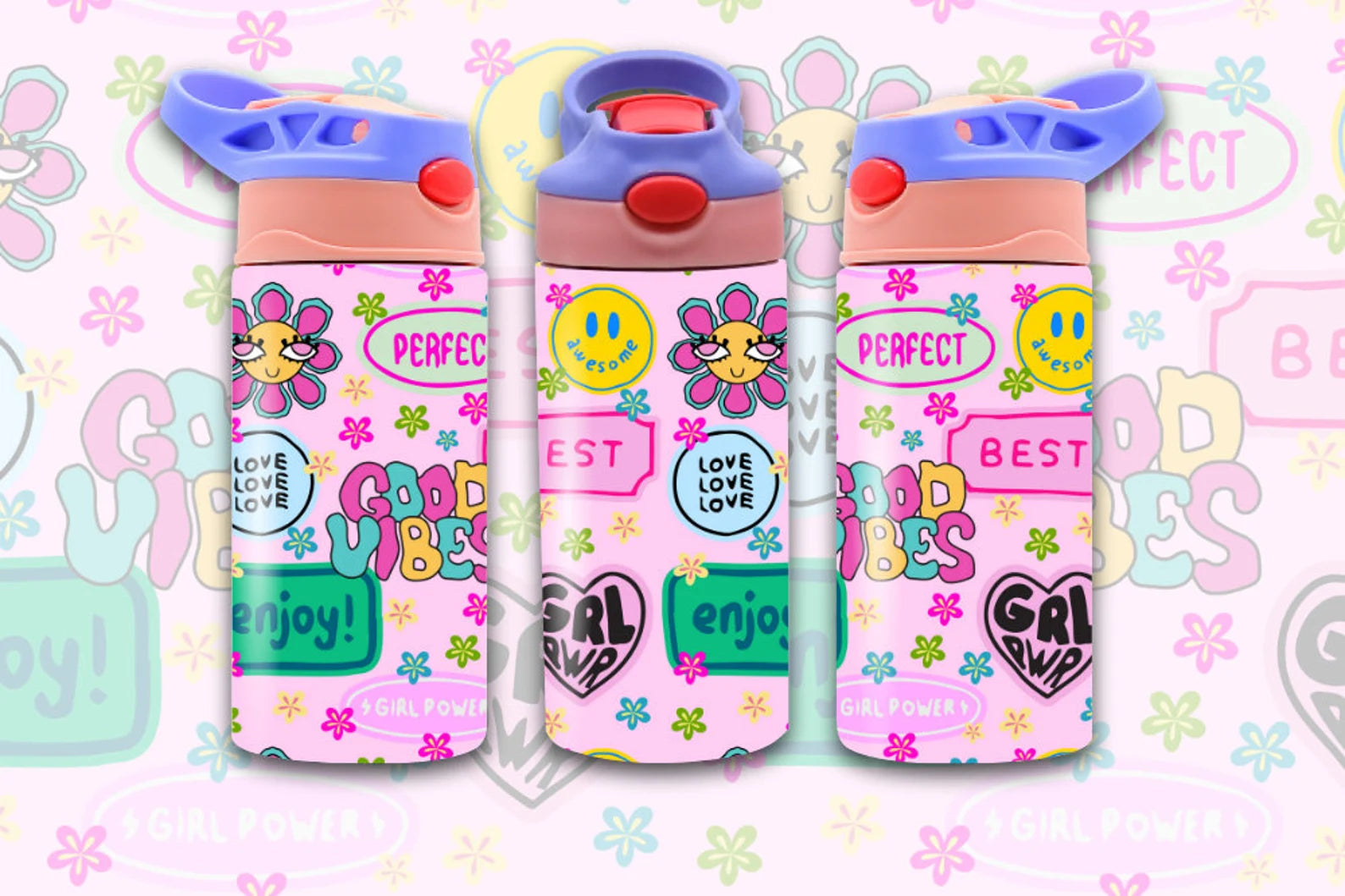 Girlie Good Vibes 12 oz Water Bottle - Lid Color May Very