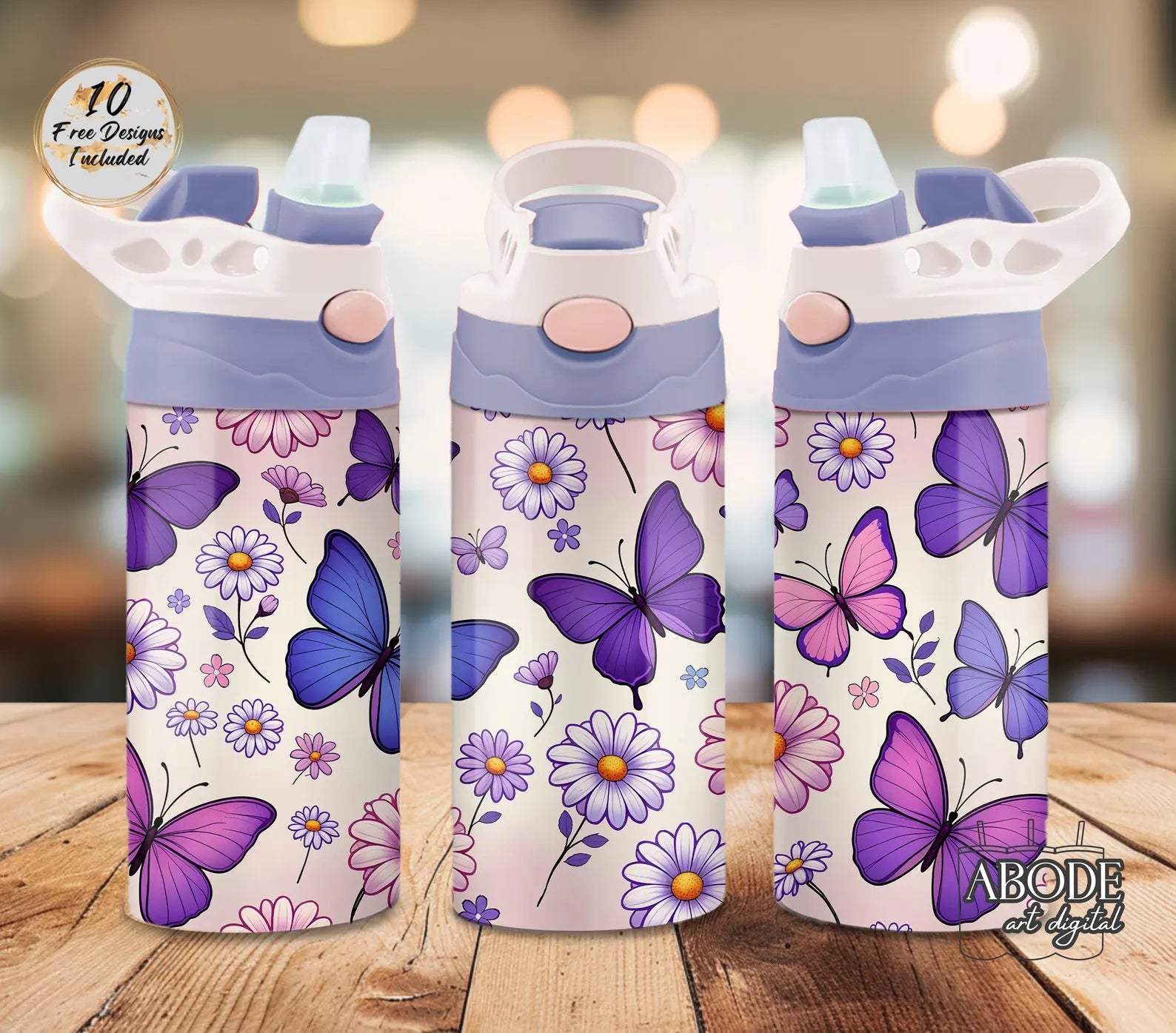 Purple Butterfly 12 oz Water Bottle - Lid Color May Vary