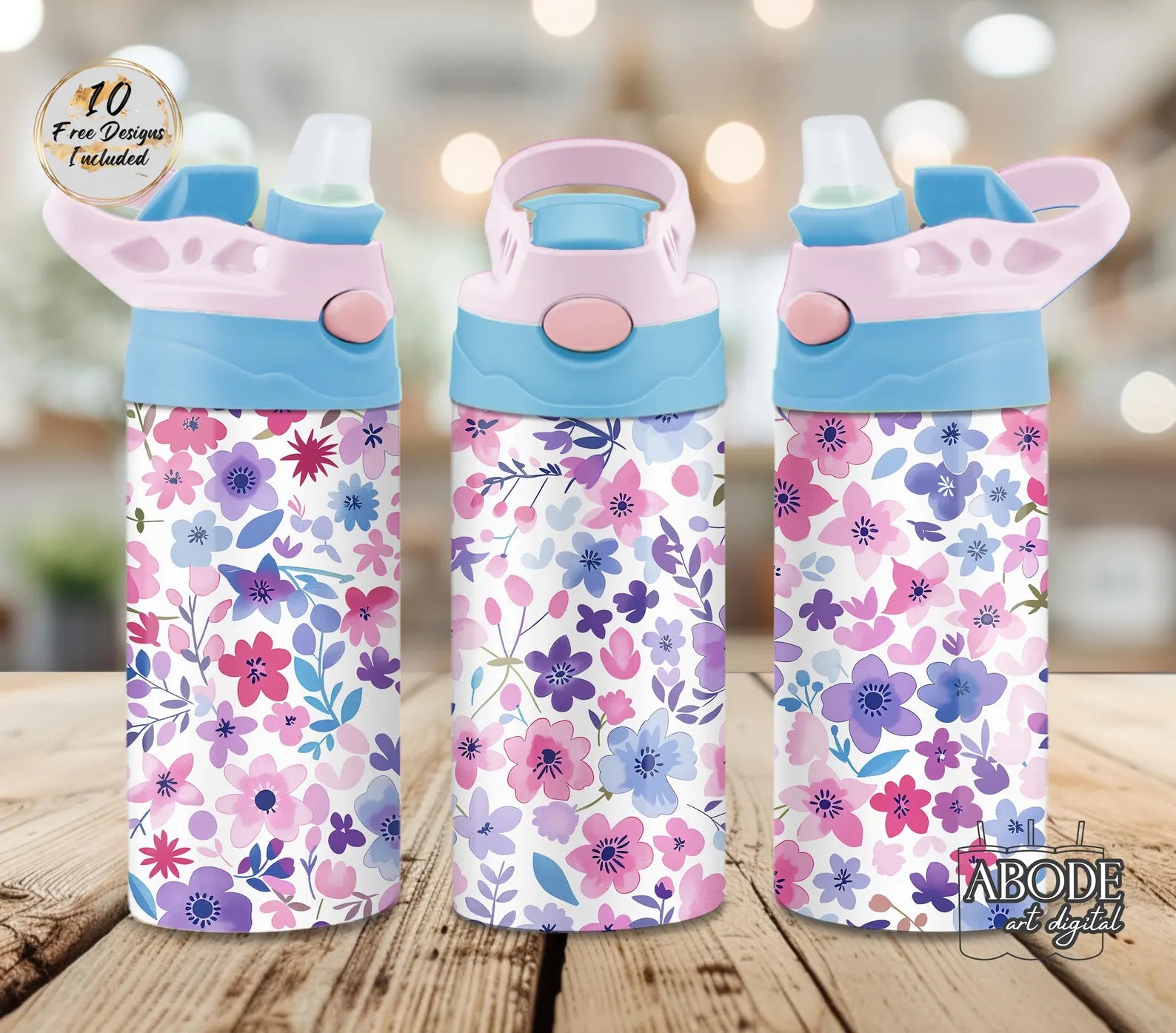 Pastel Flowers 12 OZ Water Bottle - Lid Color May Very