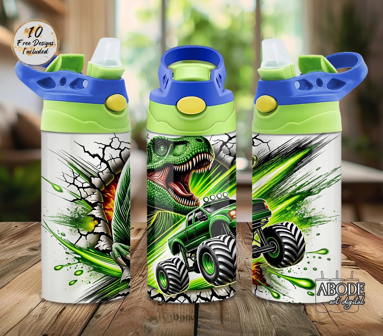 Dino Truck  12 oz Water bottle lid colors may very