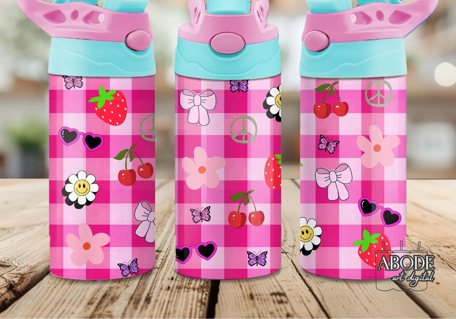 Girlie Checkered 12 oz Water Bottles Lid Color may Vary