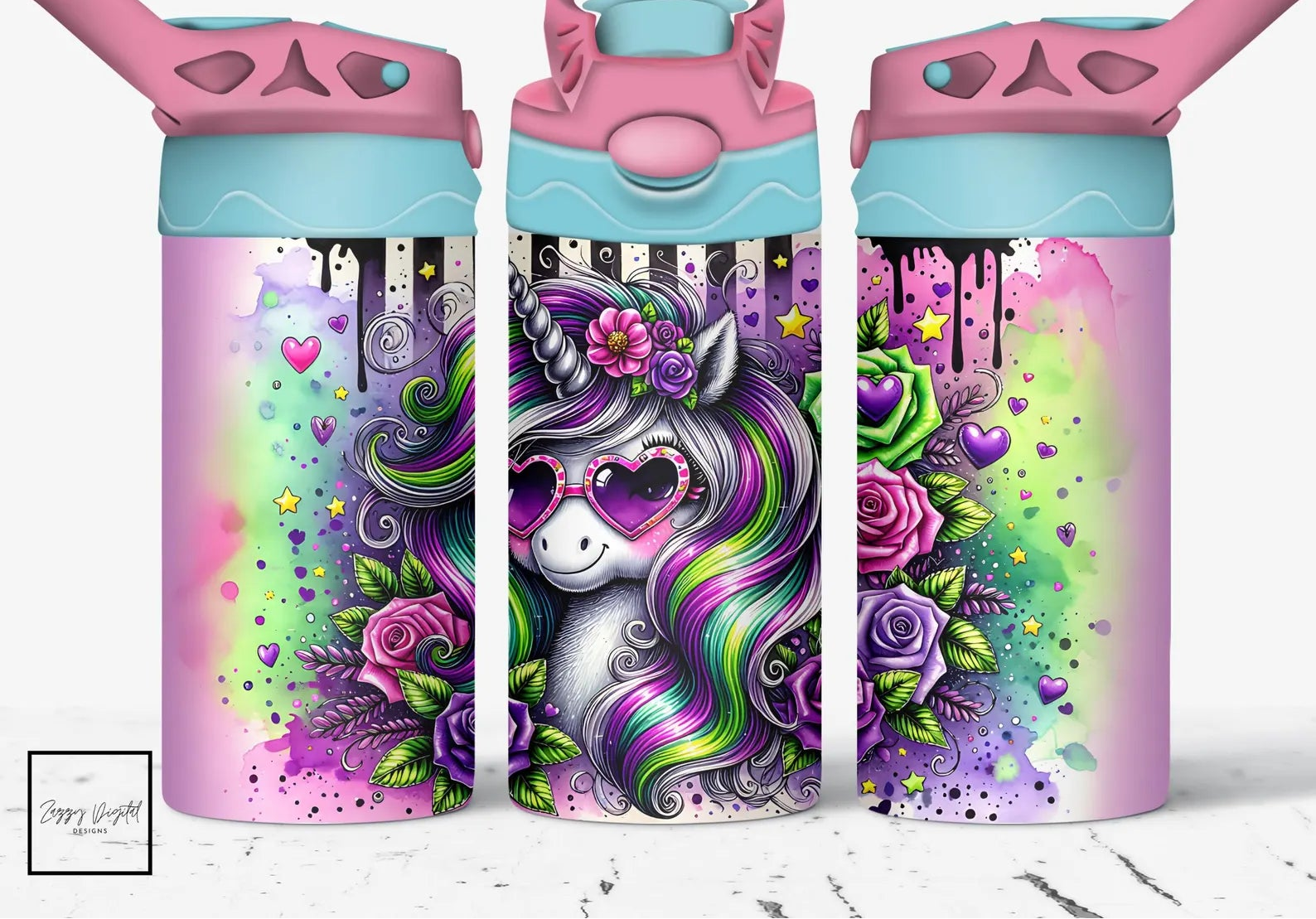 Pastel Goth Unicorn 12 oz Water bottle lid colors may very