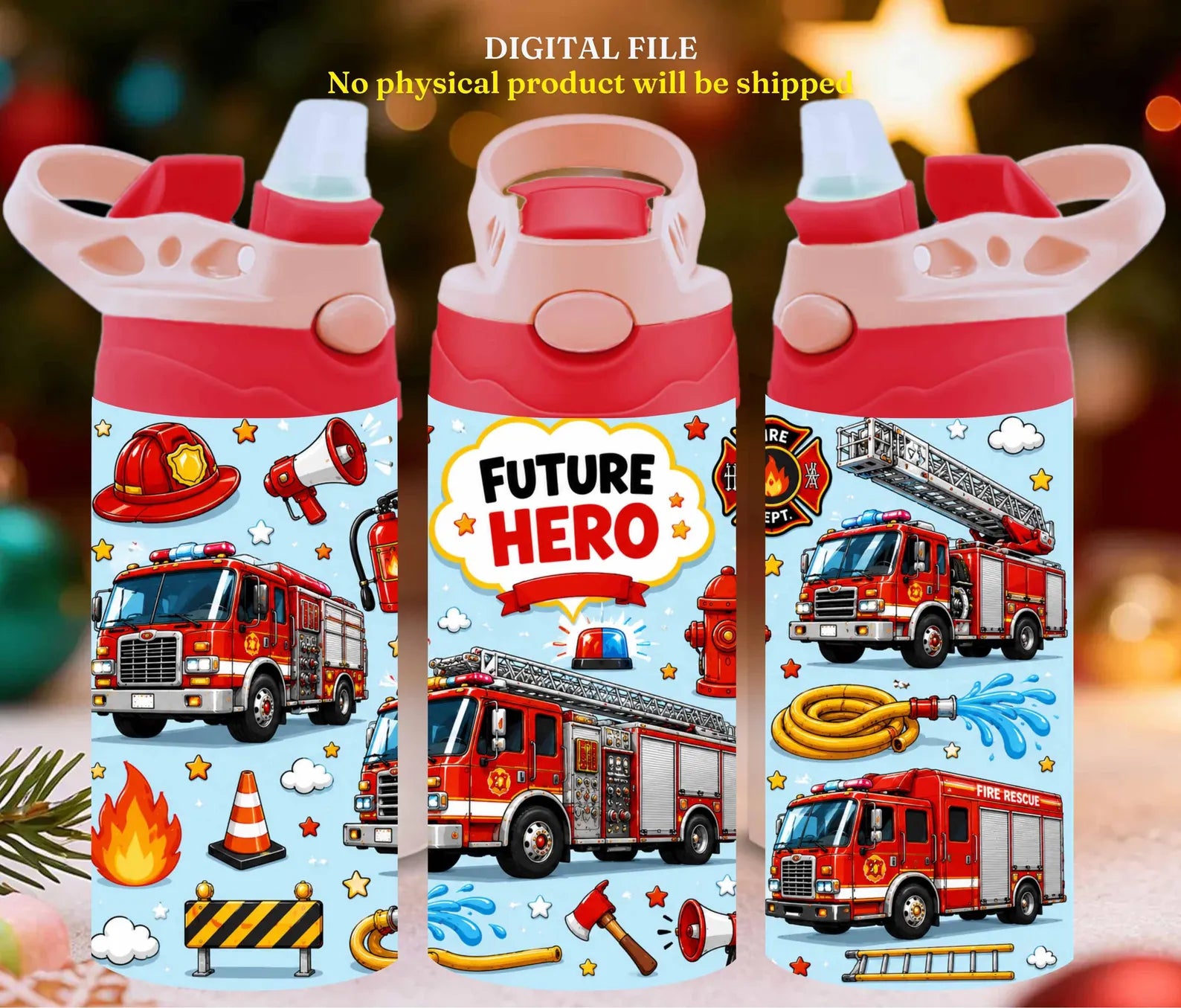 Future Hero Fire Truck 12 oz Soft flip lid water bottle Lid Colors may vary